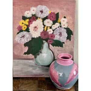 Pottery By Cathy Gerson 6”H Vase & Matching Still Life Floral Original Painting